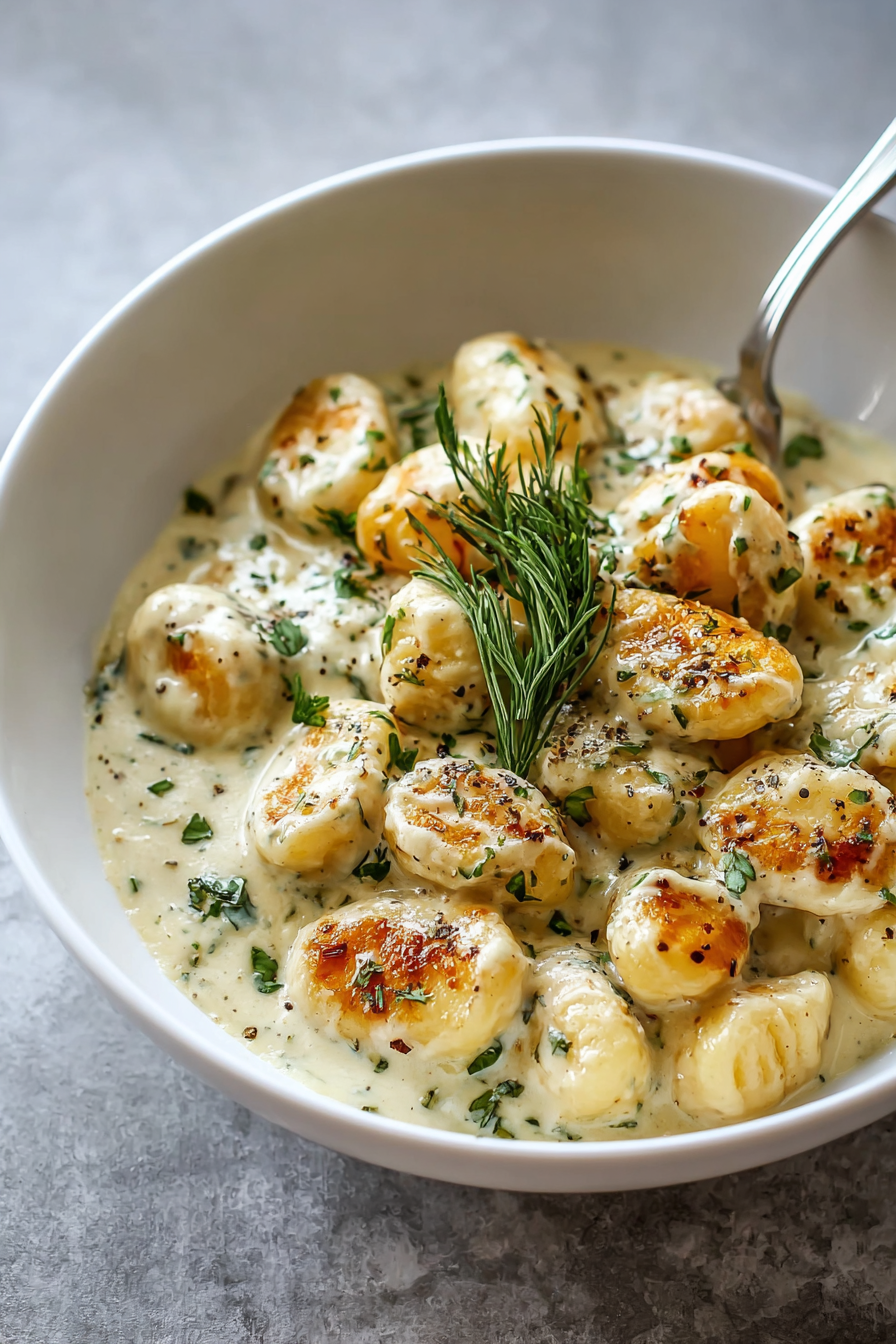 Pan-seared golden gnocchi in creamy sauce