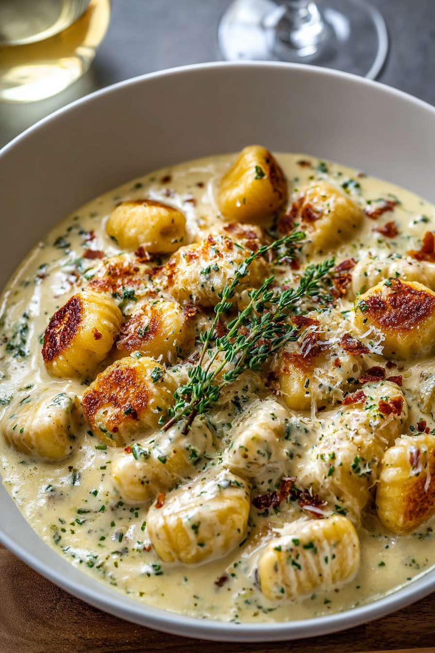 Creamy sauce being stirred in a skillet