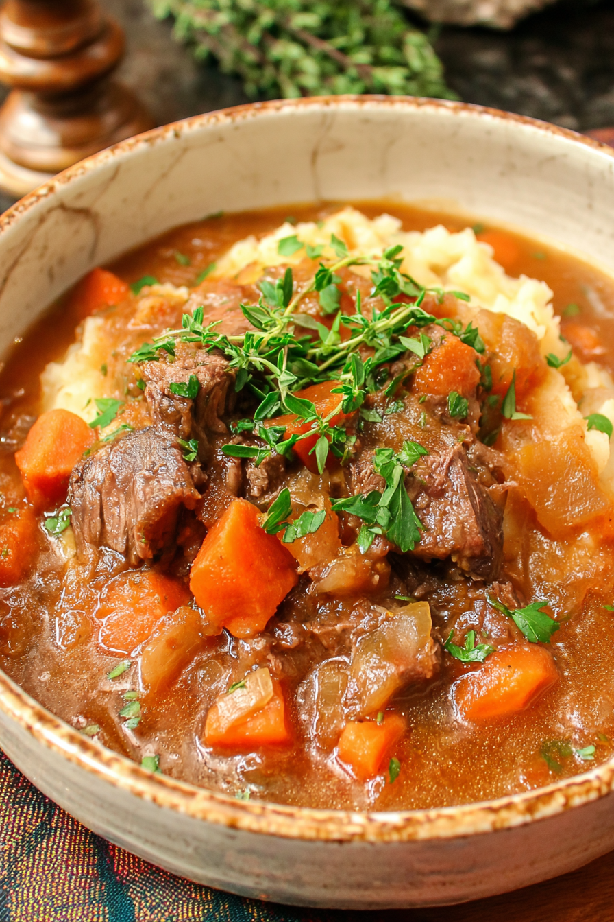 Apple cider beef stew in a Dutch oven