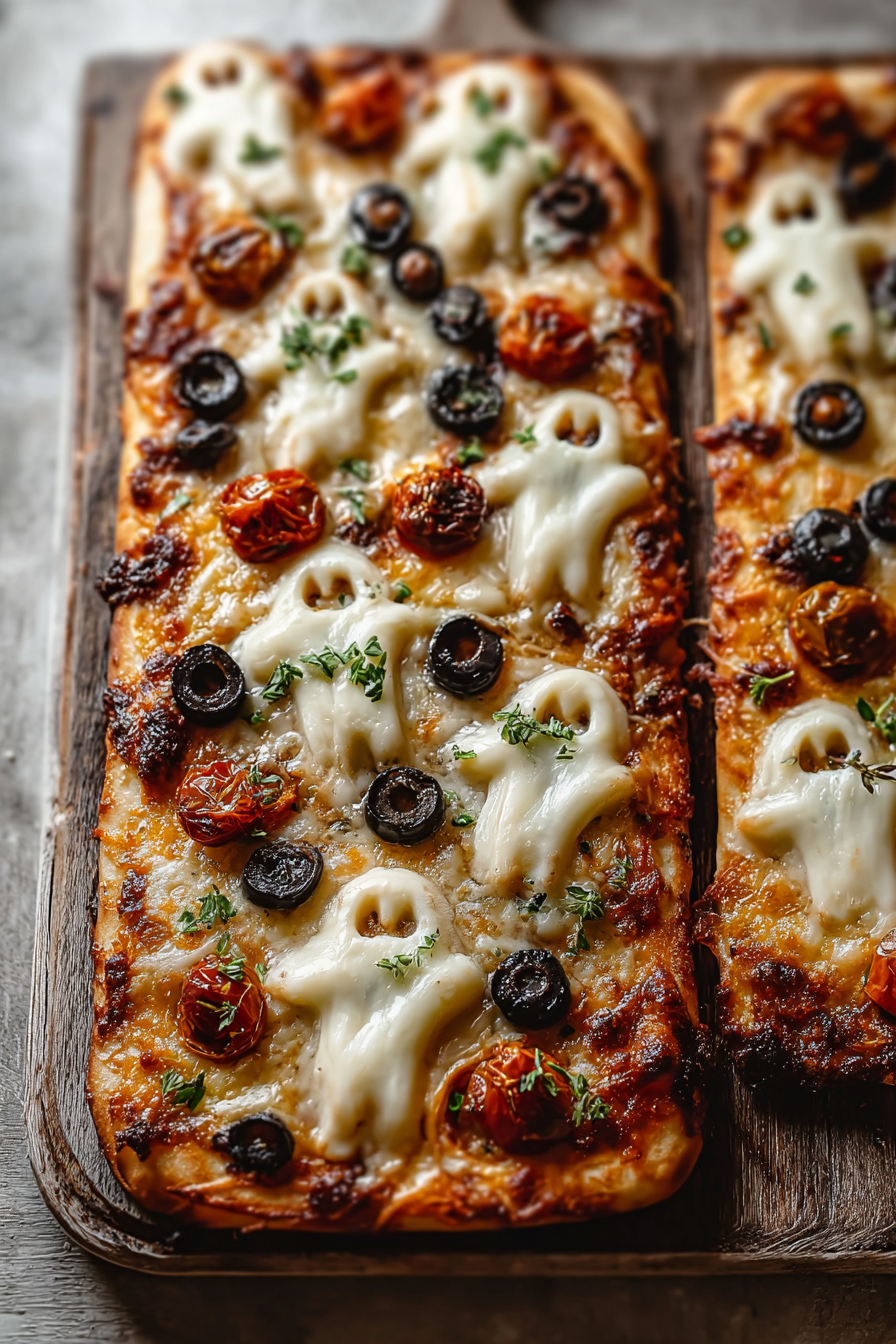 Mozzarella ghost cutouts on flatbread