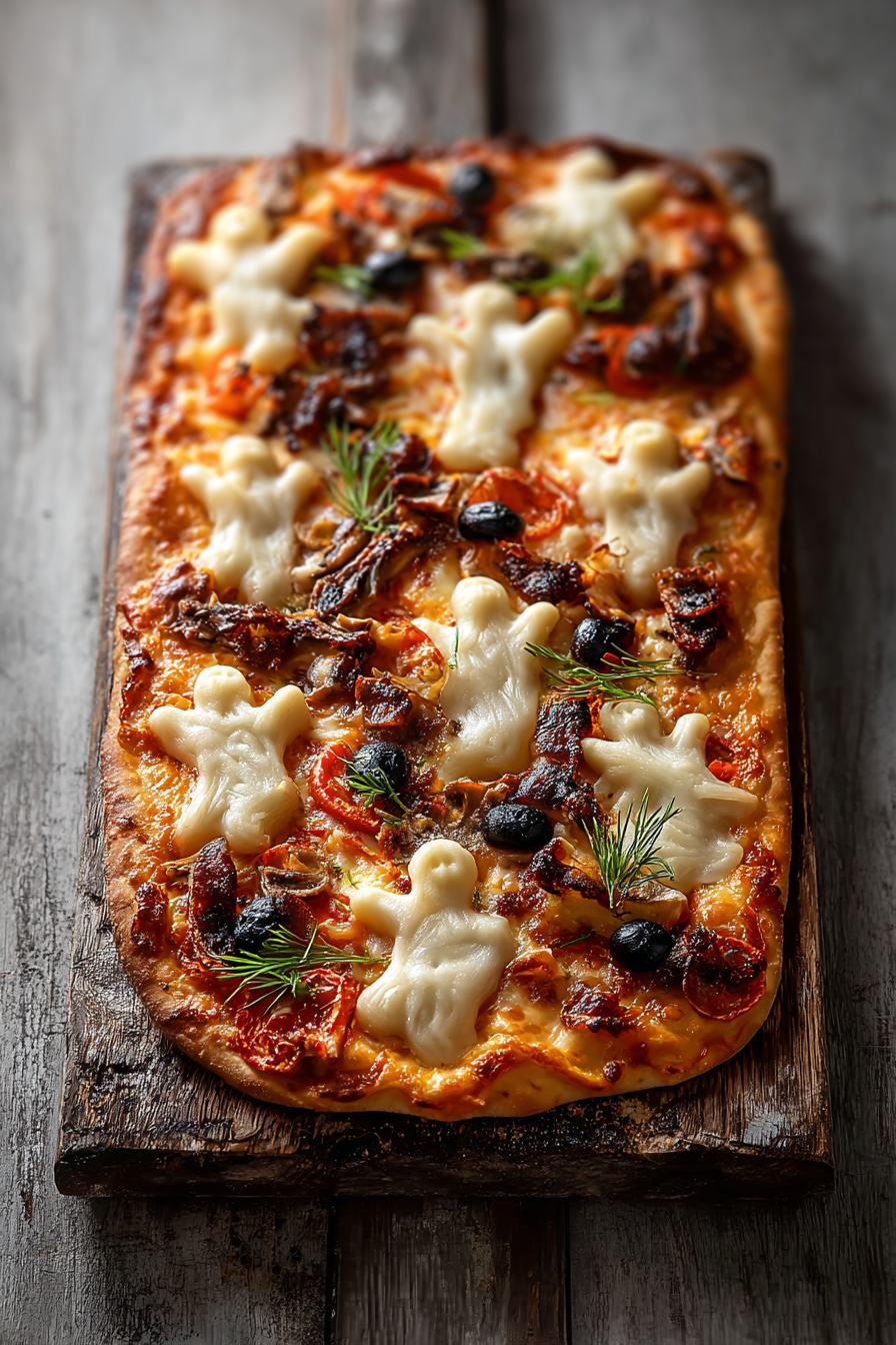 Close-up of decorated flatbread with olives