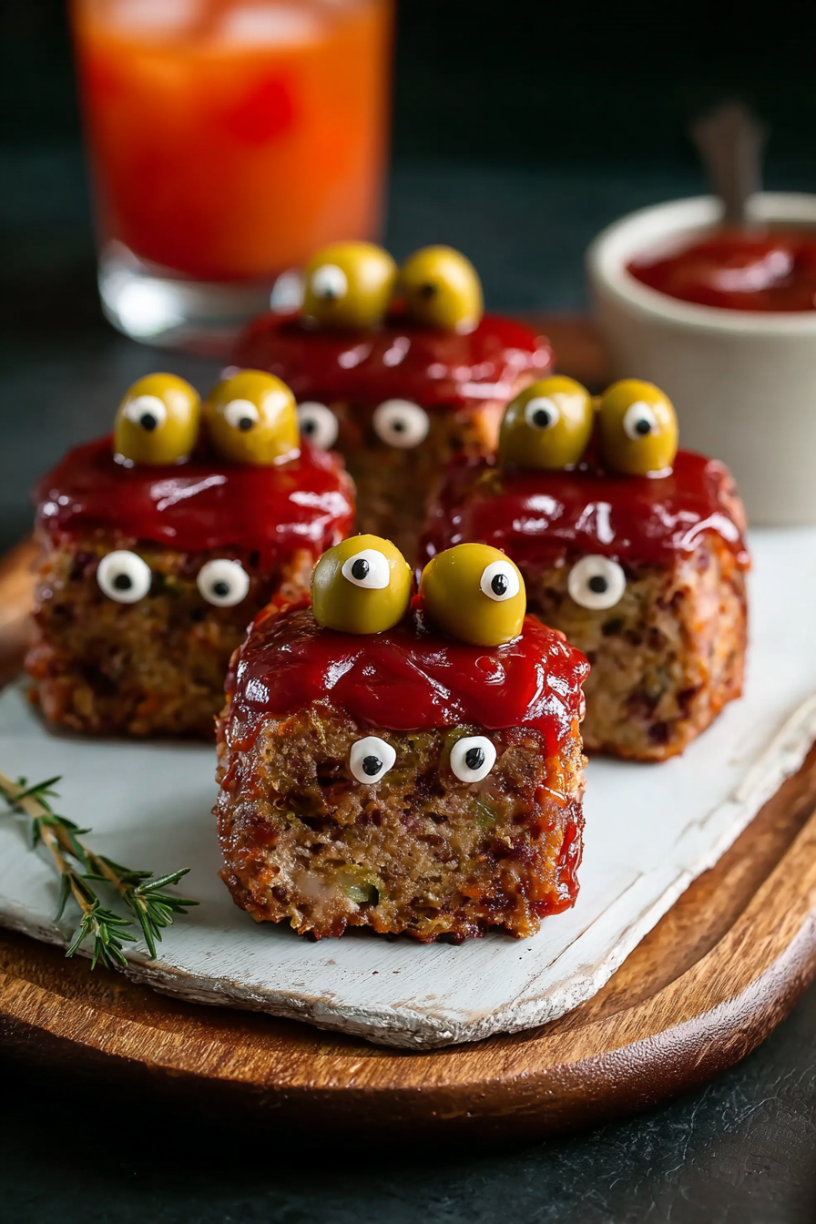 Close-up of glazed mini meatloaf with olive eyes