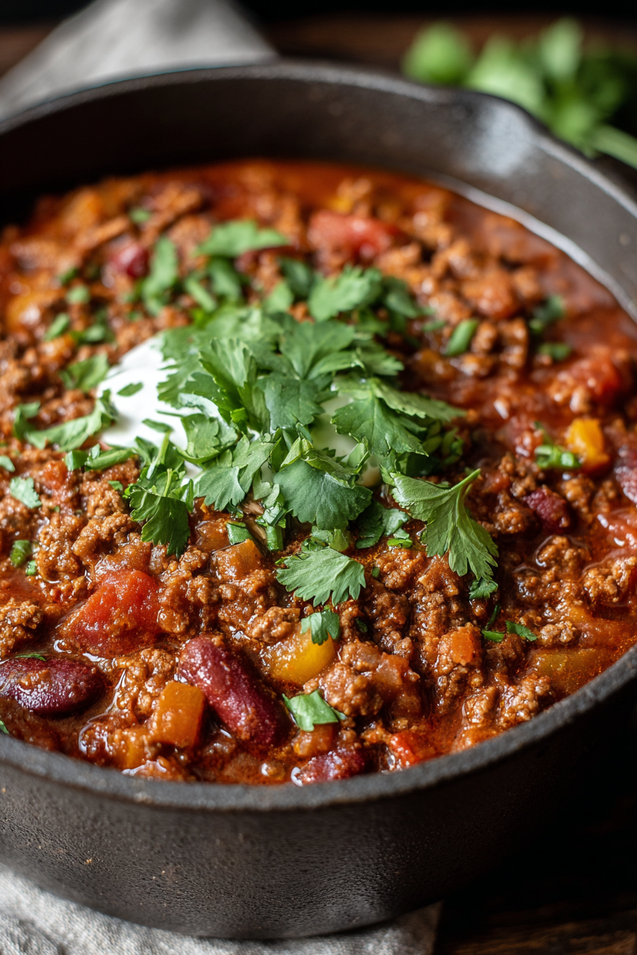 Simmering stovetop chili in pot