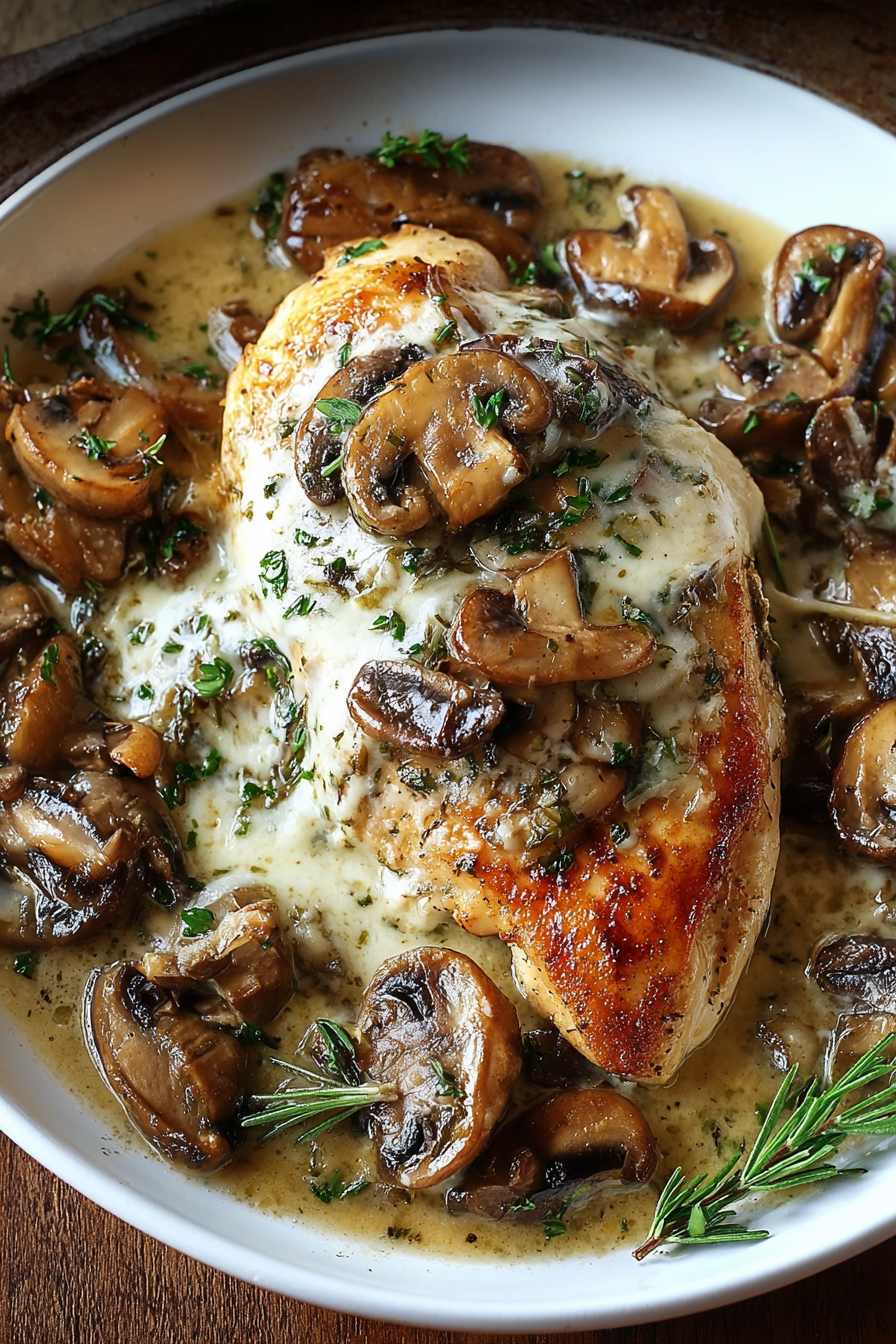 Creamy Asiago mushroom sauce over chicken