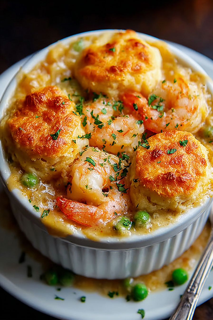 Baked Shrimp and Lobster Pot Pie with Cheddar Bay Biscuits
