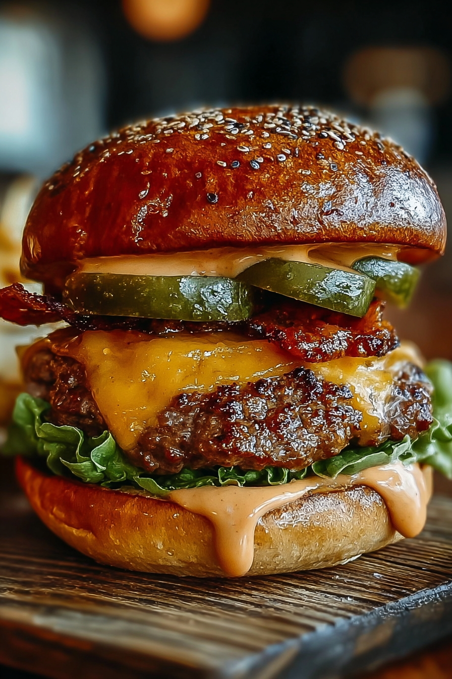 Assembled smash burger on brioche