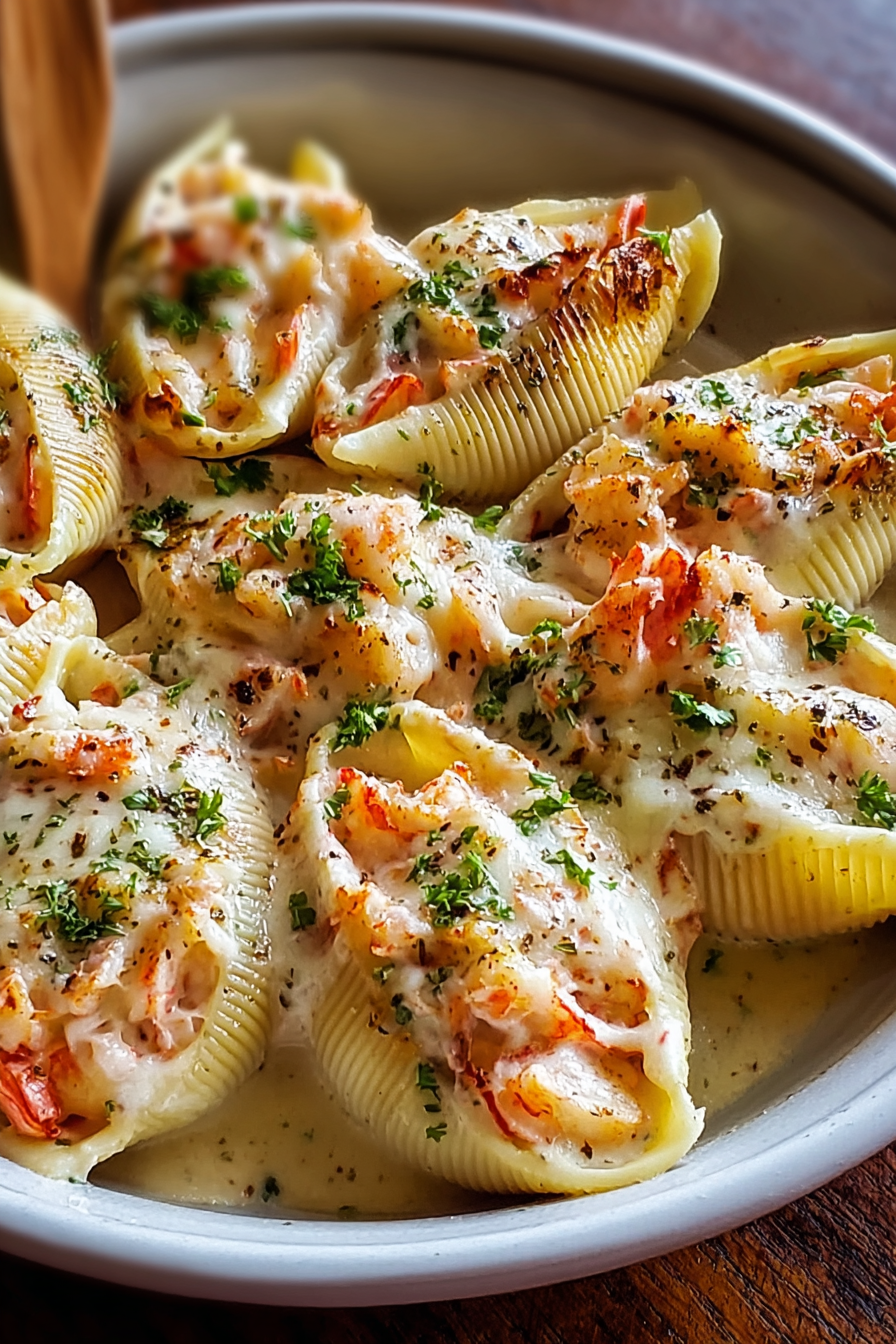 Seafood stuffed shells close up