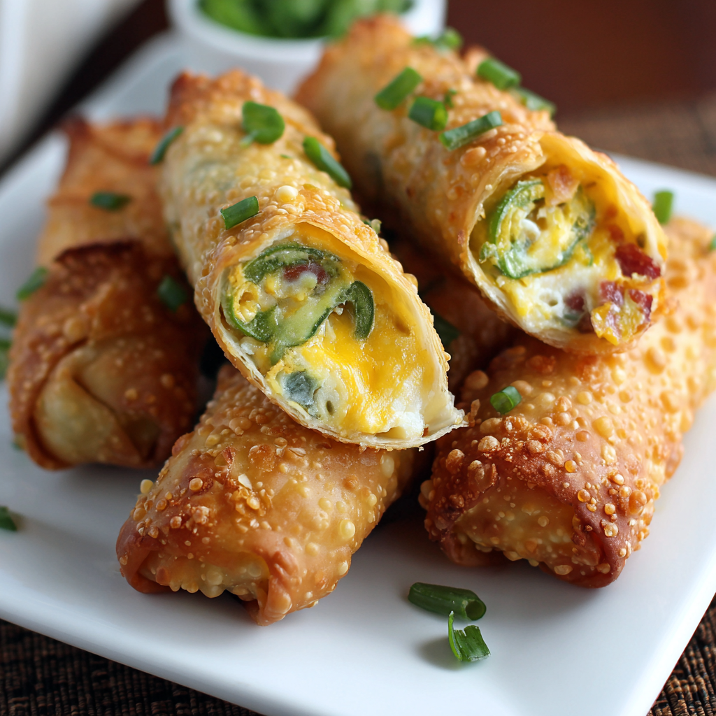 Crispy jalapeno popper egg rolls frying in skillet