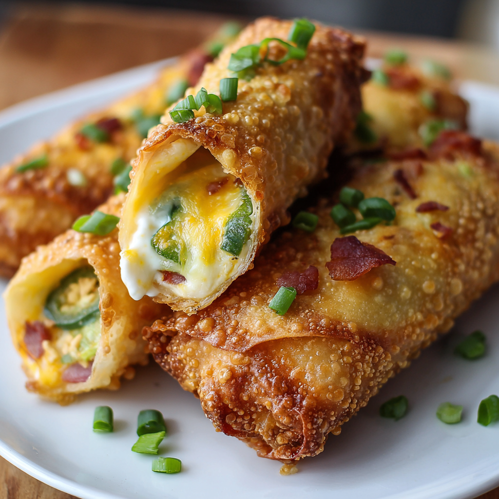 Plated jalapeno popper egg rolls with dipping sauce