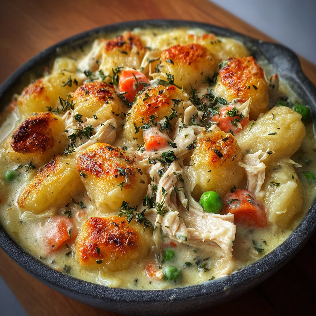 Skillet of gnocchi chicken pot pie bubbling with cheese
