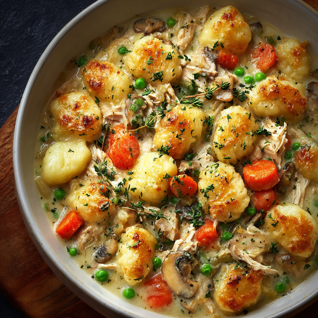 Close-up of creamy gnocchi and chicken filling topped with parsley