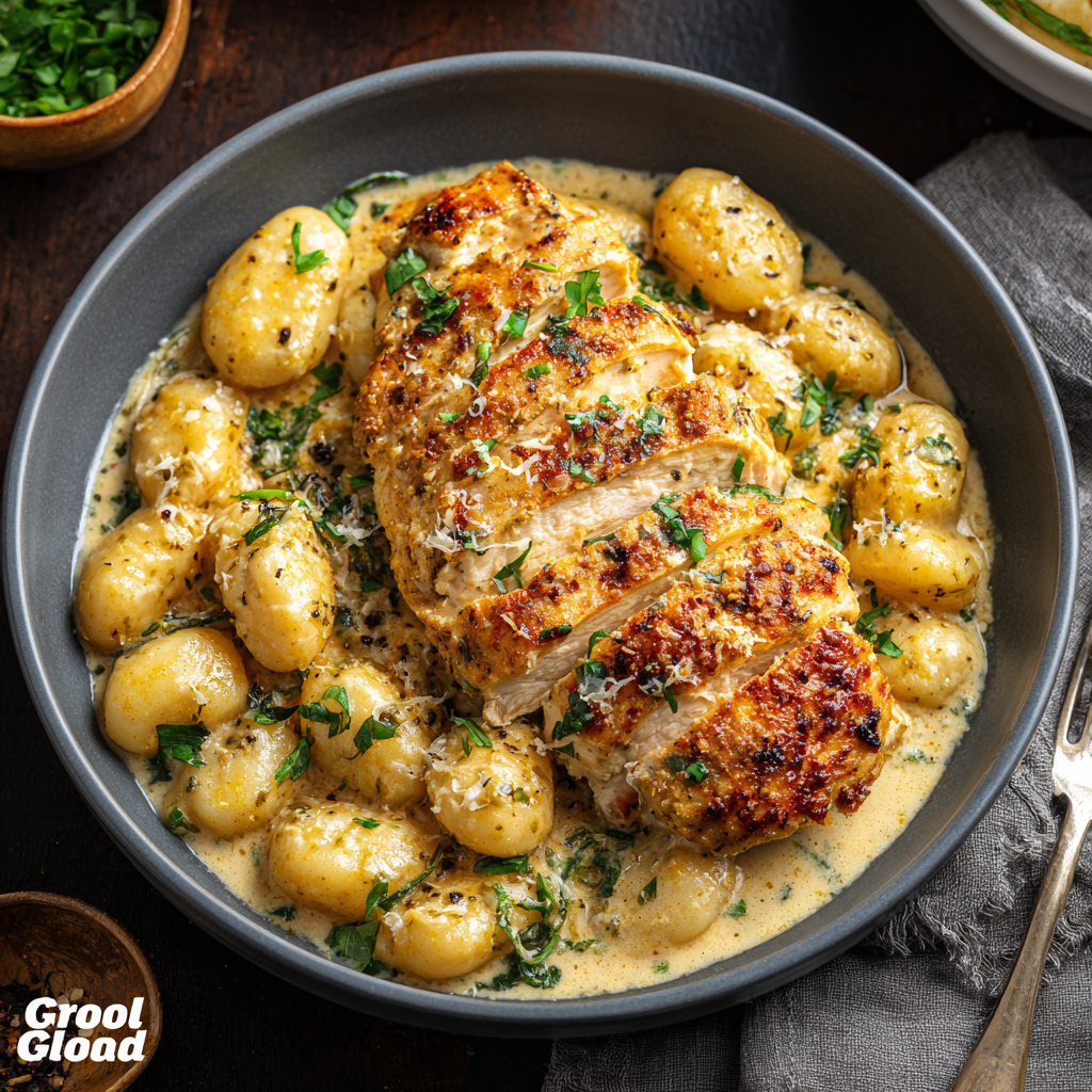 Skillet with gnocchi and Asiago sauce