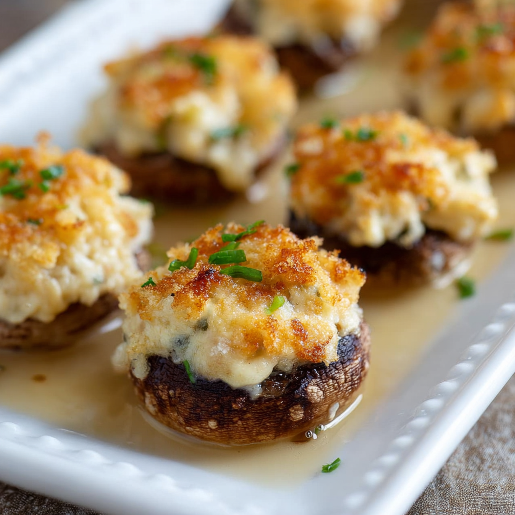 White cheddar stuffed mushrooms on serving plate