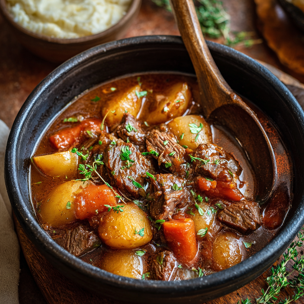 Savory Apple Cider Beef Stew in a Dutch oven