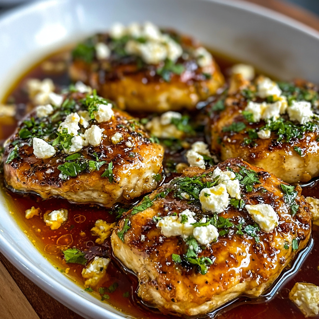 Hot honey glaze being poured over chicken