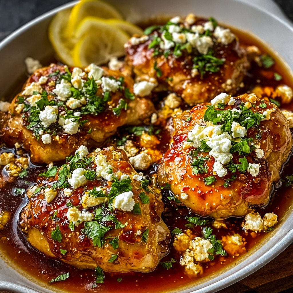 Plated hot honey feta chicken with parsley garnish