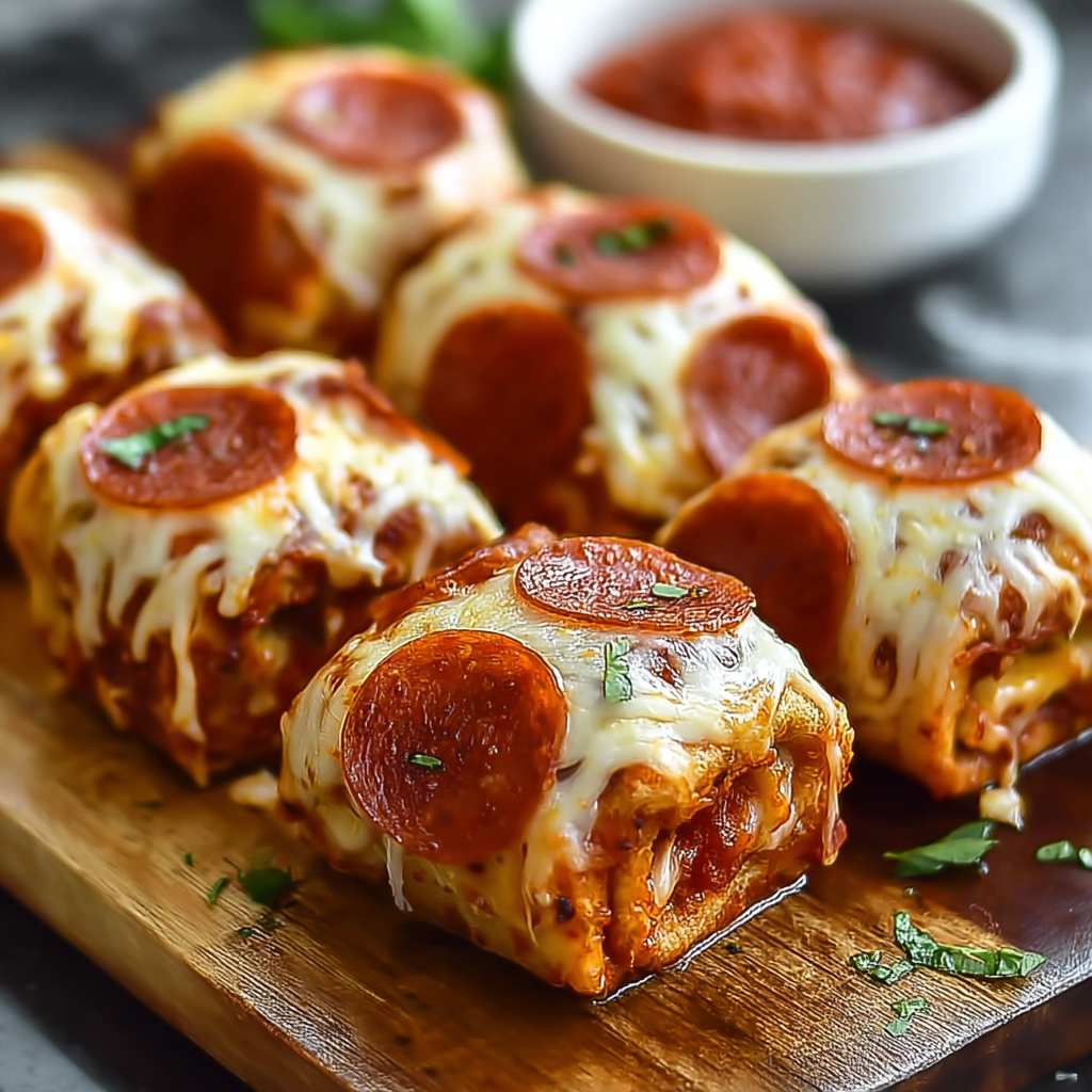 Cheesy pepperoni roll-ups on a baking pan