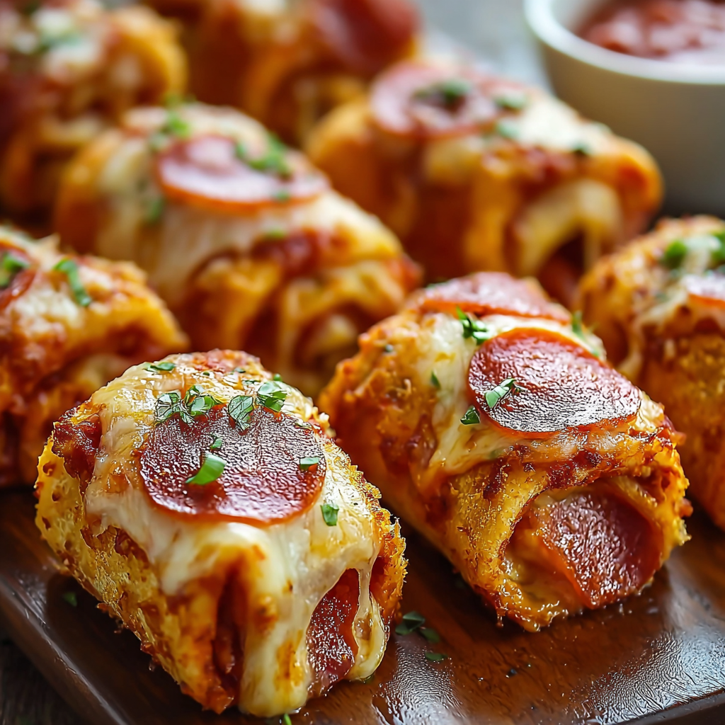 Close-up of a pizza roll-up with melted cheese