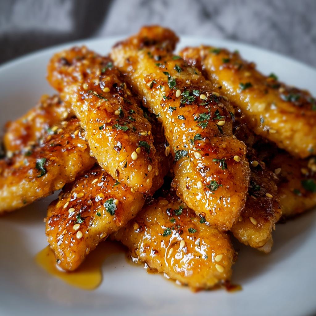 Golden honey butter garlic chicken tenders in air fryer basket