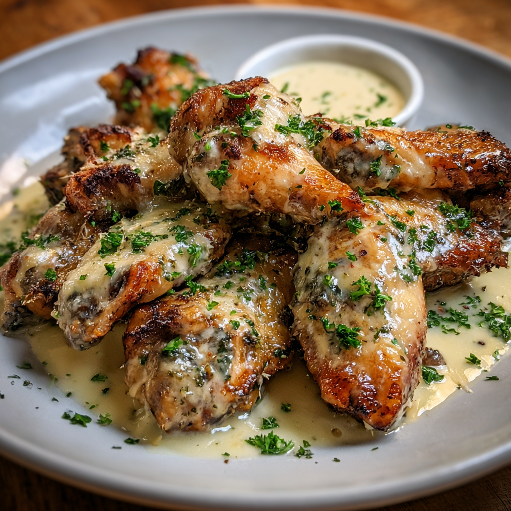 Platter of Alfredo-style wings garnished with parsley