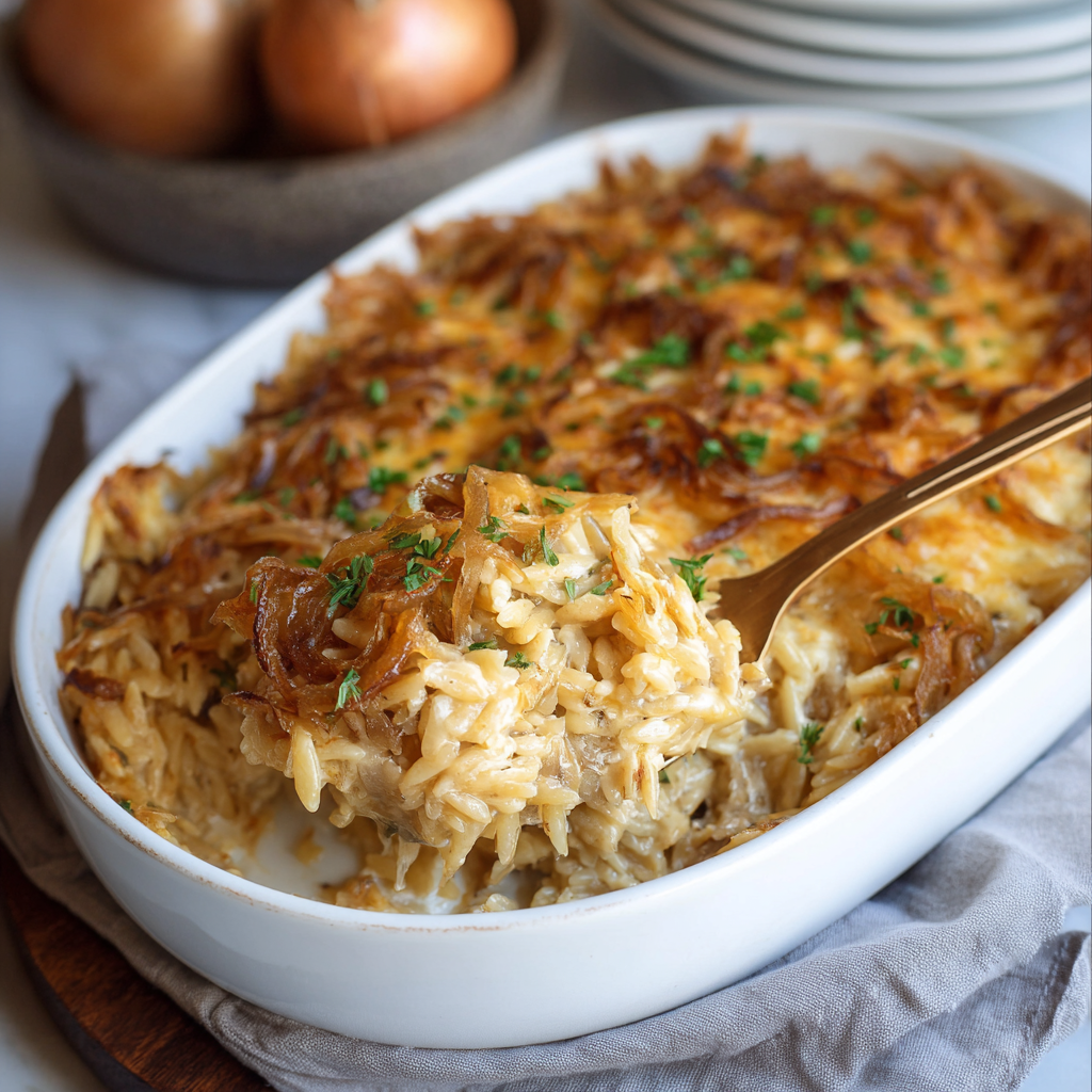 French Onion Orzo Bake