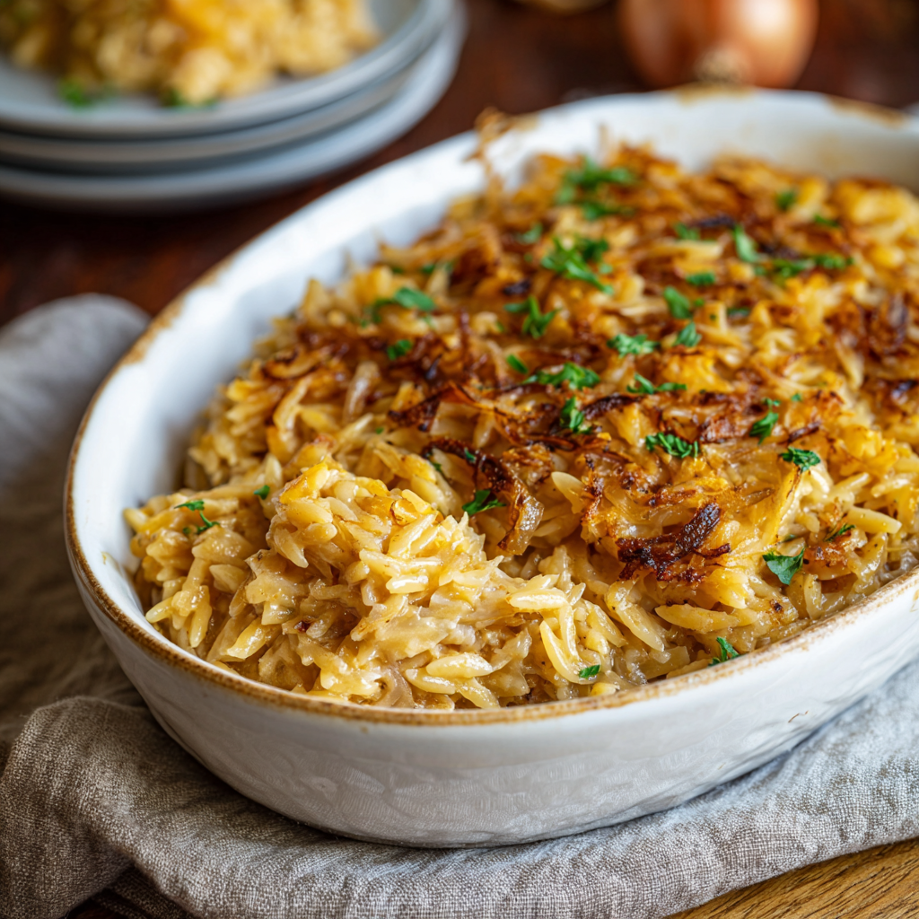 Caramelized onions in skillet for orzo bake