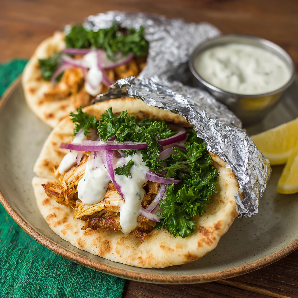 Slow cooker full of shredded chicken shawarma