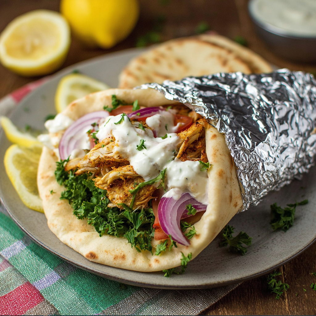 Plated chicken shawarma pita with yogurt sauce
