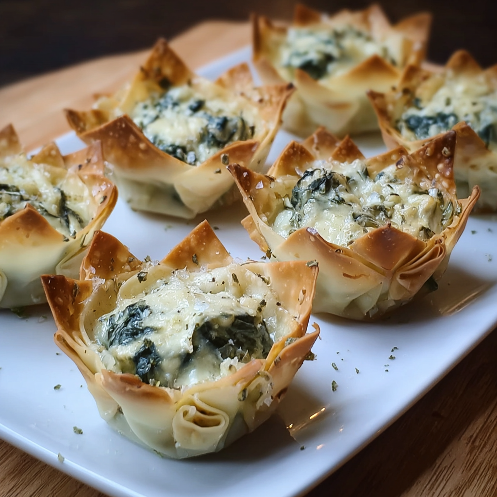 Baked spinach artichoke wonton cups cooling on a rack