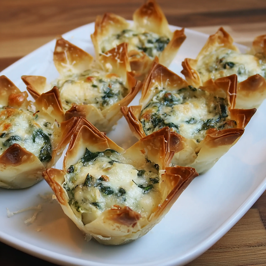 Close-up of a plated wonton cup with spinach artichoke filling