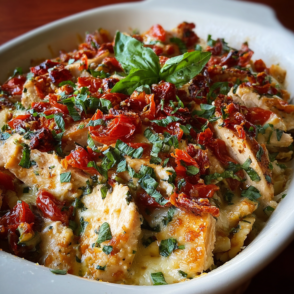 Sliced casserole with fresh basil garnish