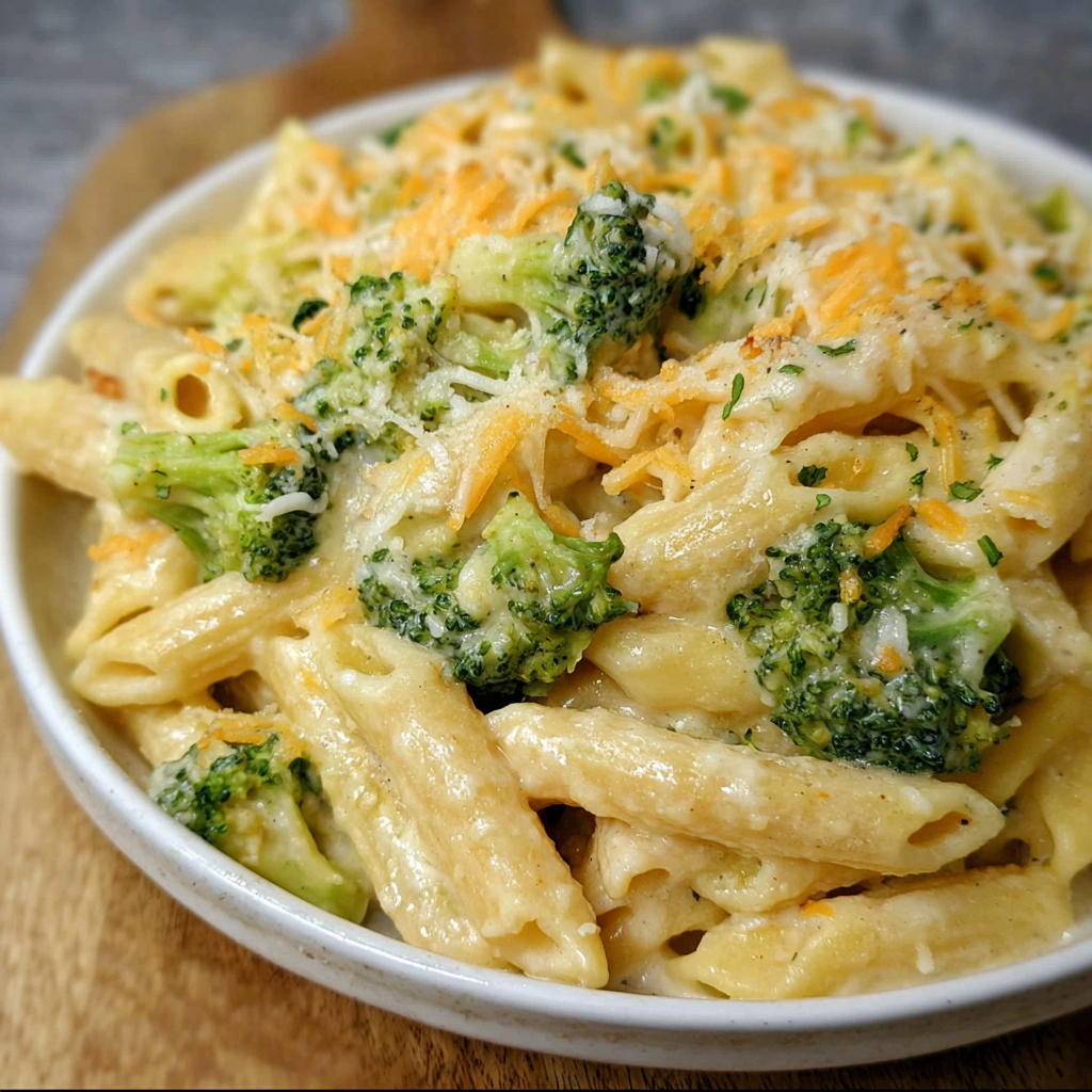 Close up of cheesy pasta with broccoli