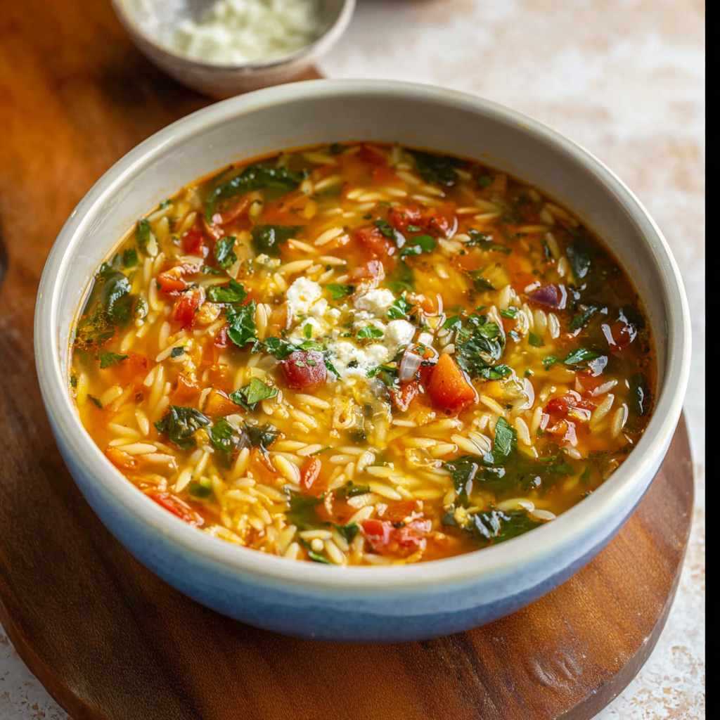 Mediterranean orzo soup in a bowl with basil and Parmesan