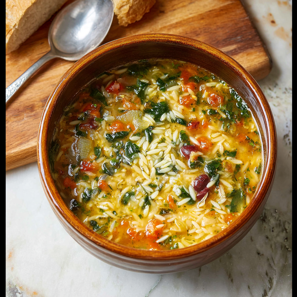 Ingredients for Mediterranean orzo soup on a cutting board