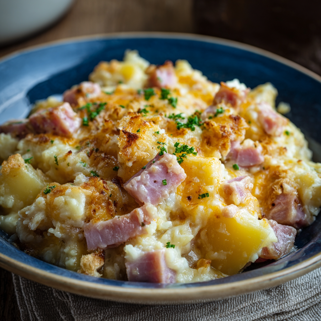 Served ham and potato casserole with garnish