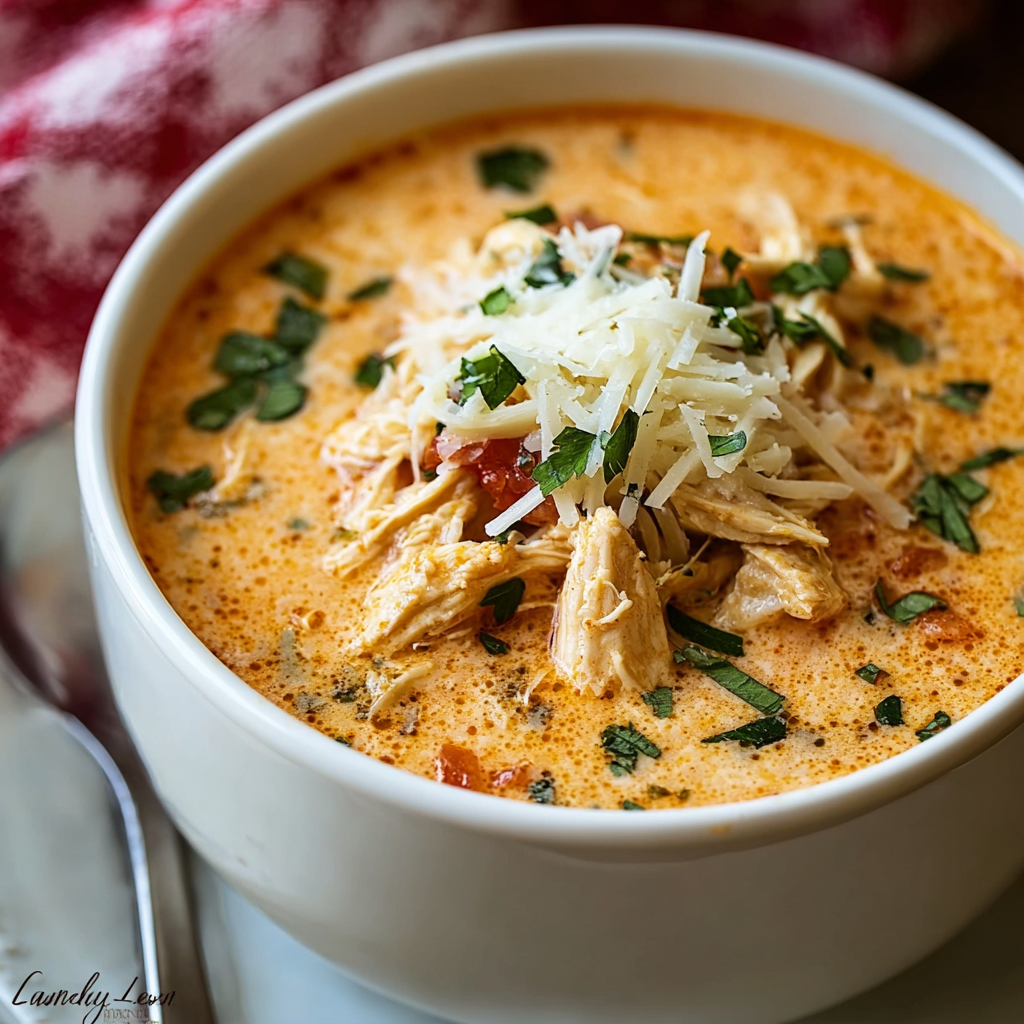 Finished bowl of chicken parmesan soup topped with cheese and basil