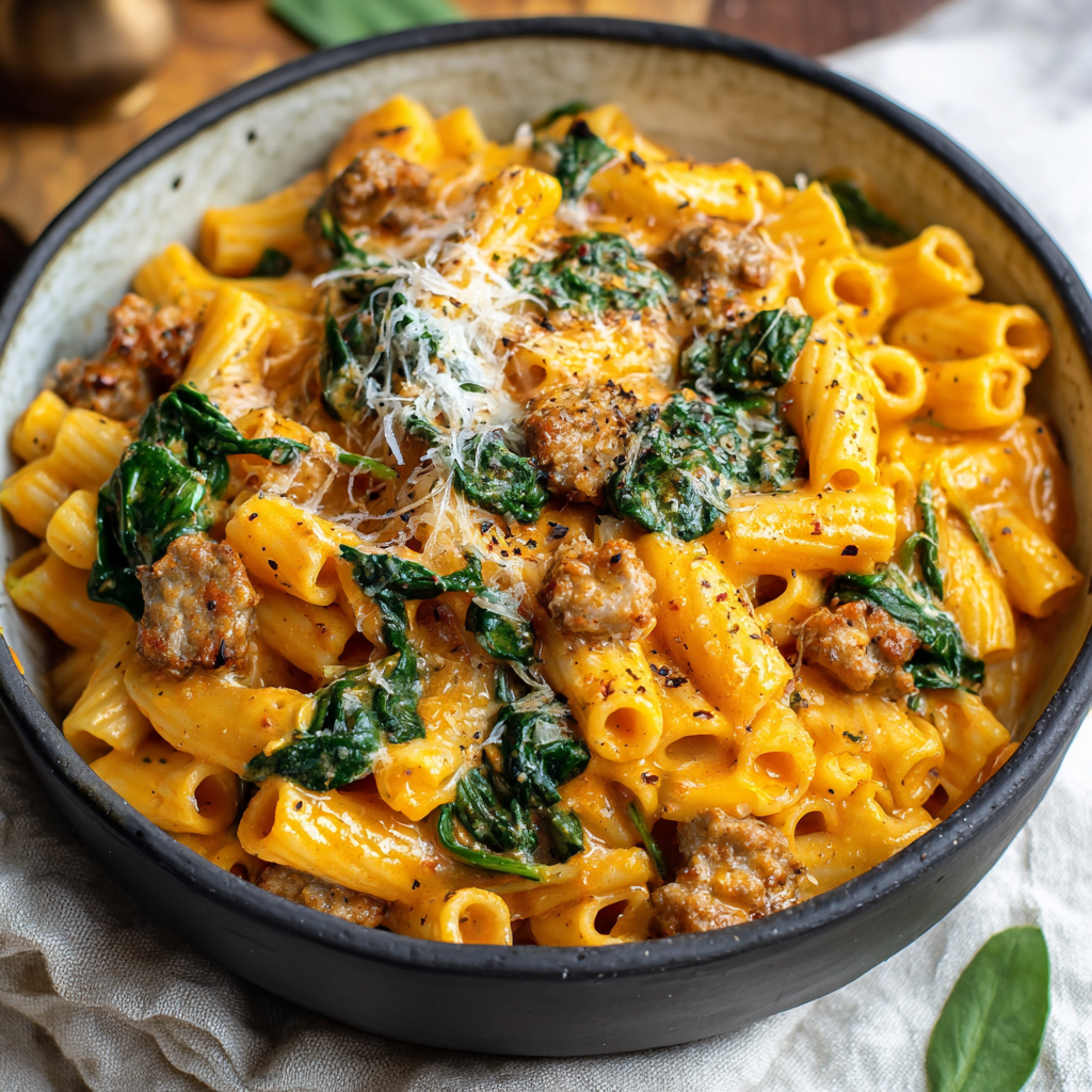 Forkful of rigatoni with butternut squash and sausage