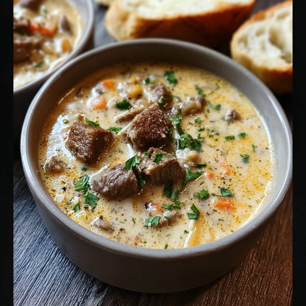 Creamy Philly Cheese Steak Soup in a bowl garnished with fresh parsley