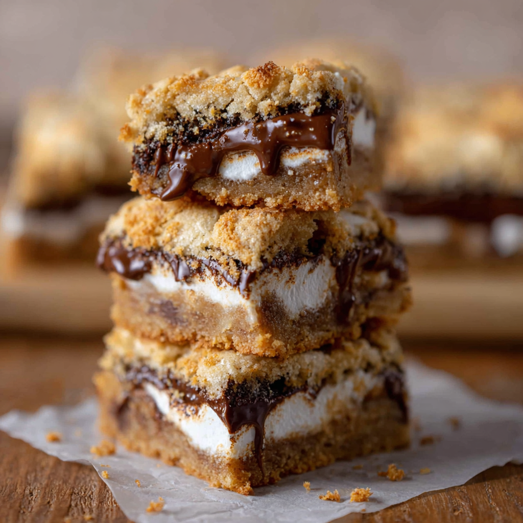 Close-up of s'mores cookie bars showing layers