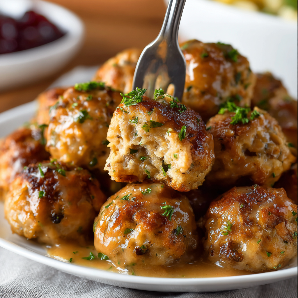 Tray of shaped stuffing balls before baking