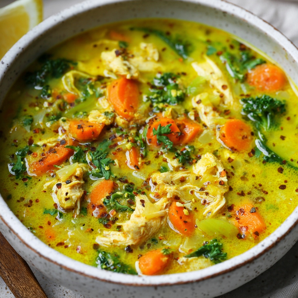 Simmering turmeric chicken soup in a pot