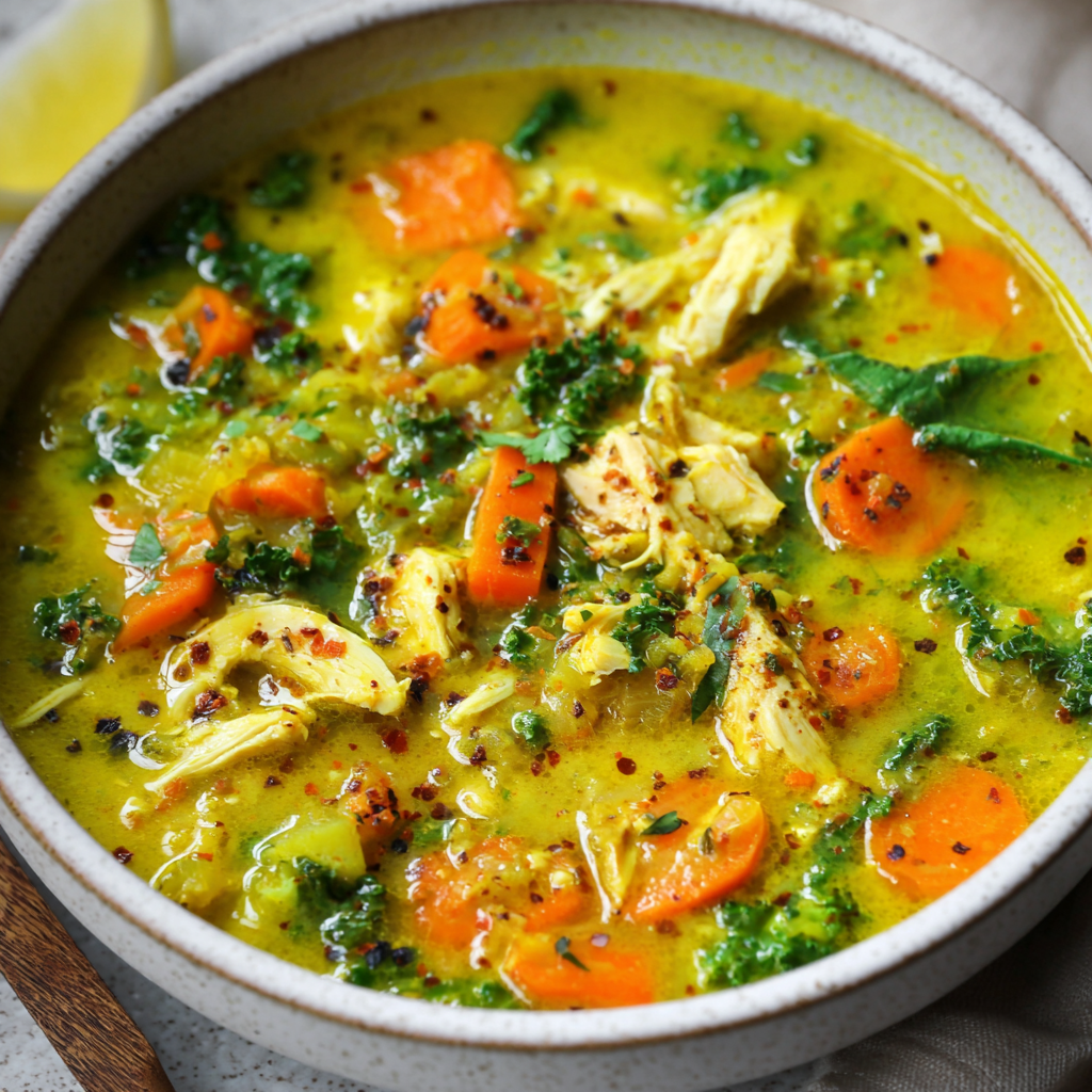 Bowl of turmeric chicken soup garnished with parsley