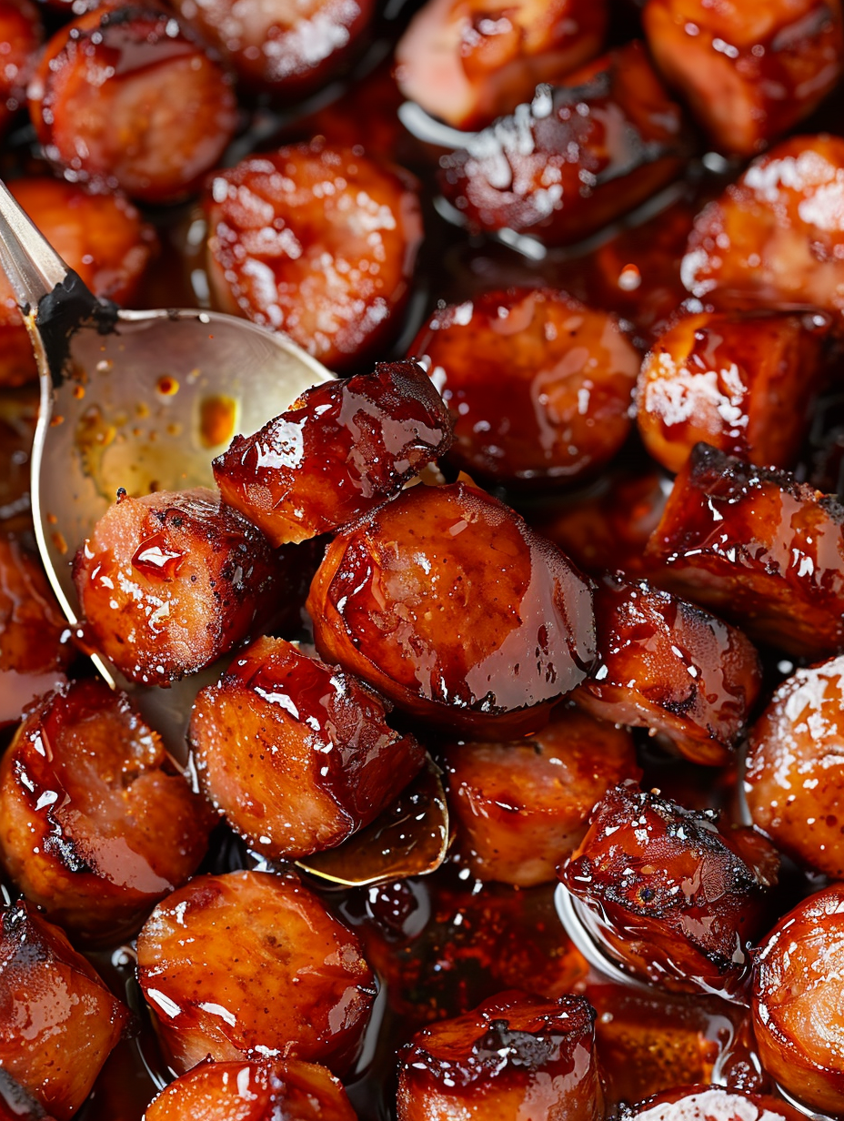 Glazed smoked sausage coins in a baking dish