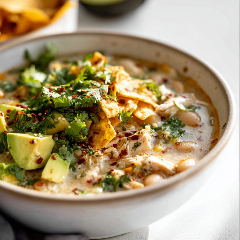 White bean chicken chili in a bowl garnished with avocado and cilantro