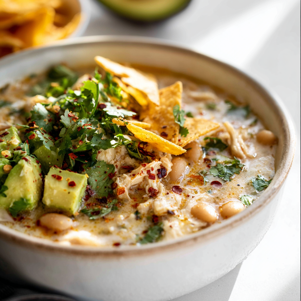 Ingredients for white bean chicken chili arranged on a counter