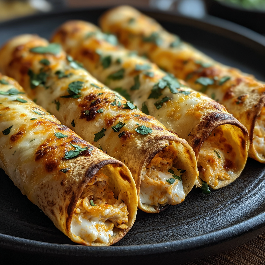 Freshly baked crispy chicken taquitos on a baking sheet