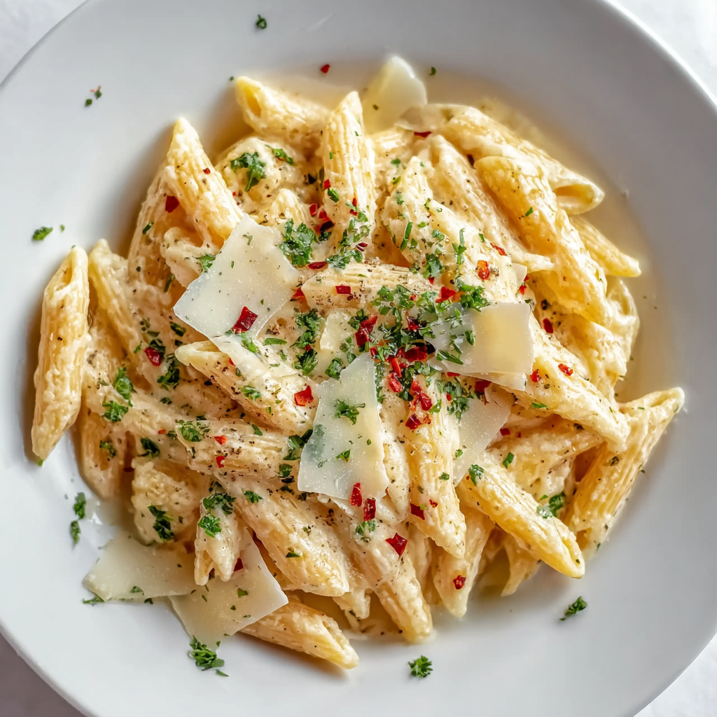 One pot creamy garlic pasta in pan