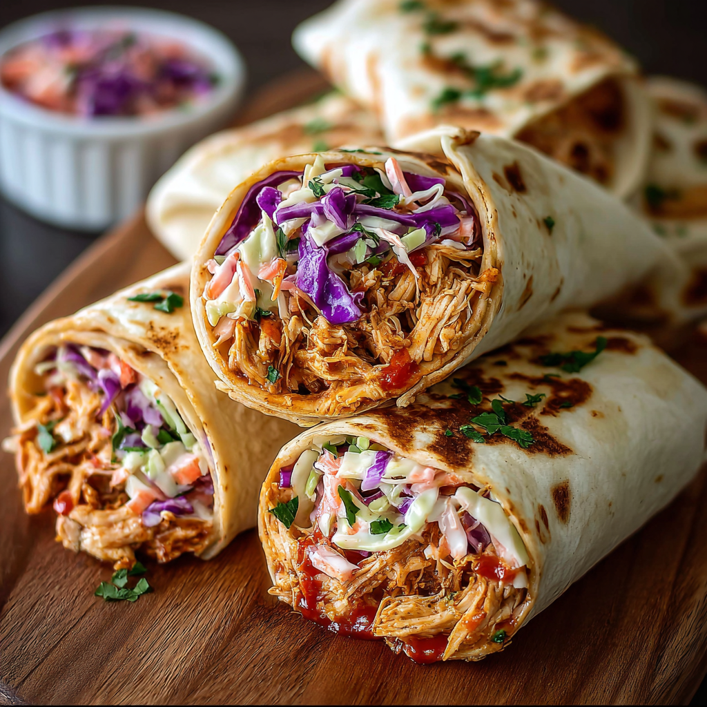 BBQ Chicken Coleslaw Wraps on a cutting board
