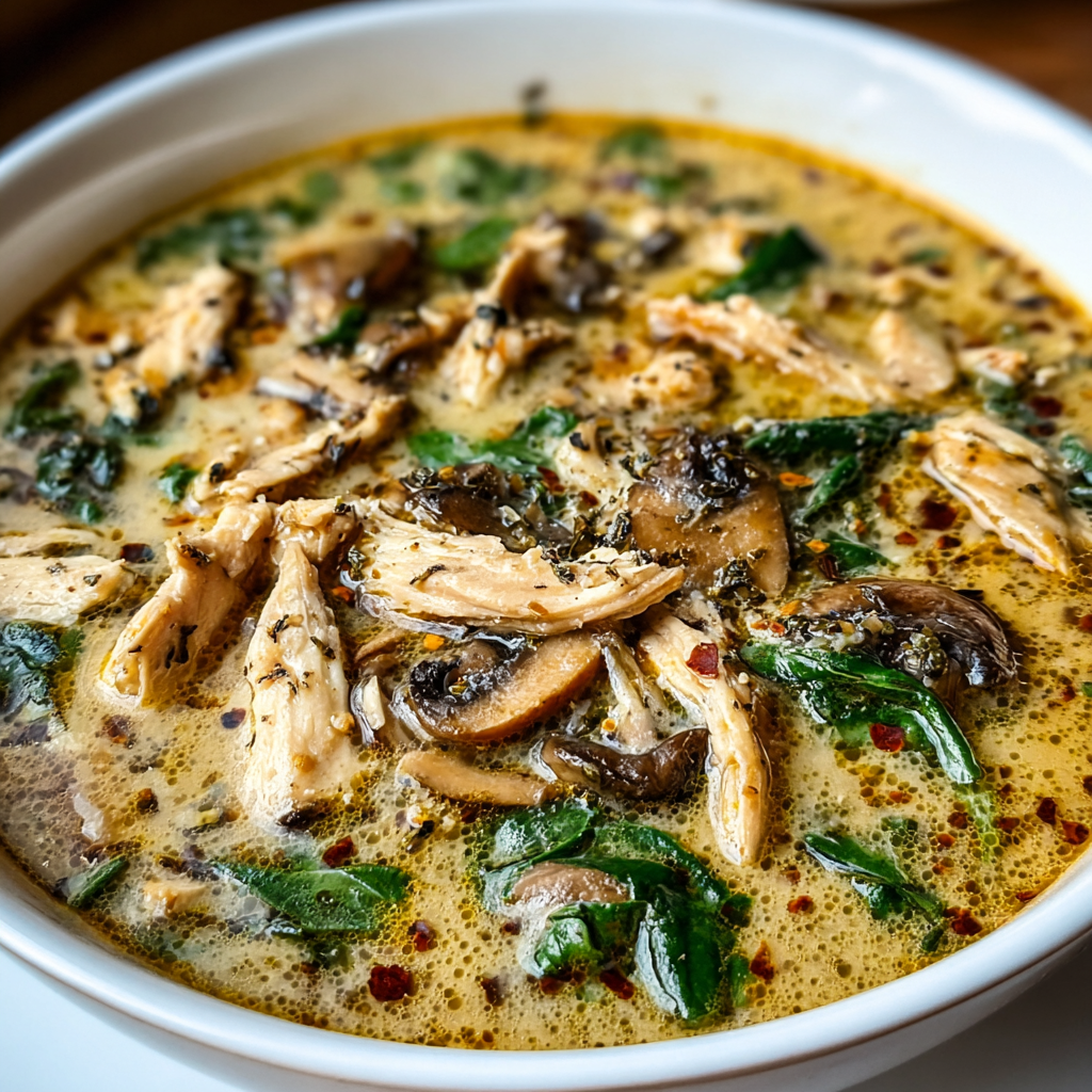 A steaming bowl of rotisserie chicken mushroom soup in a white bowl