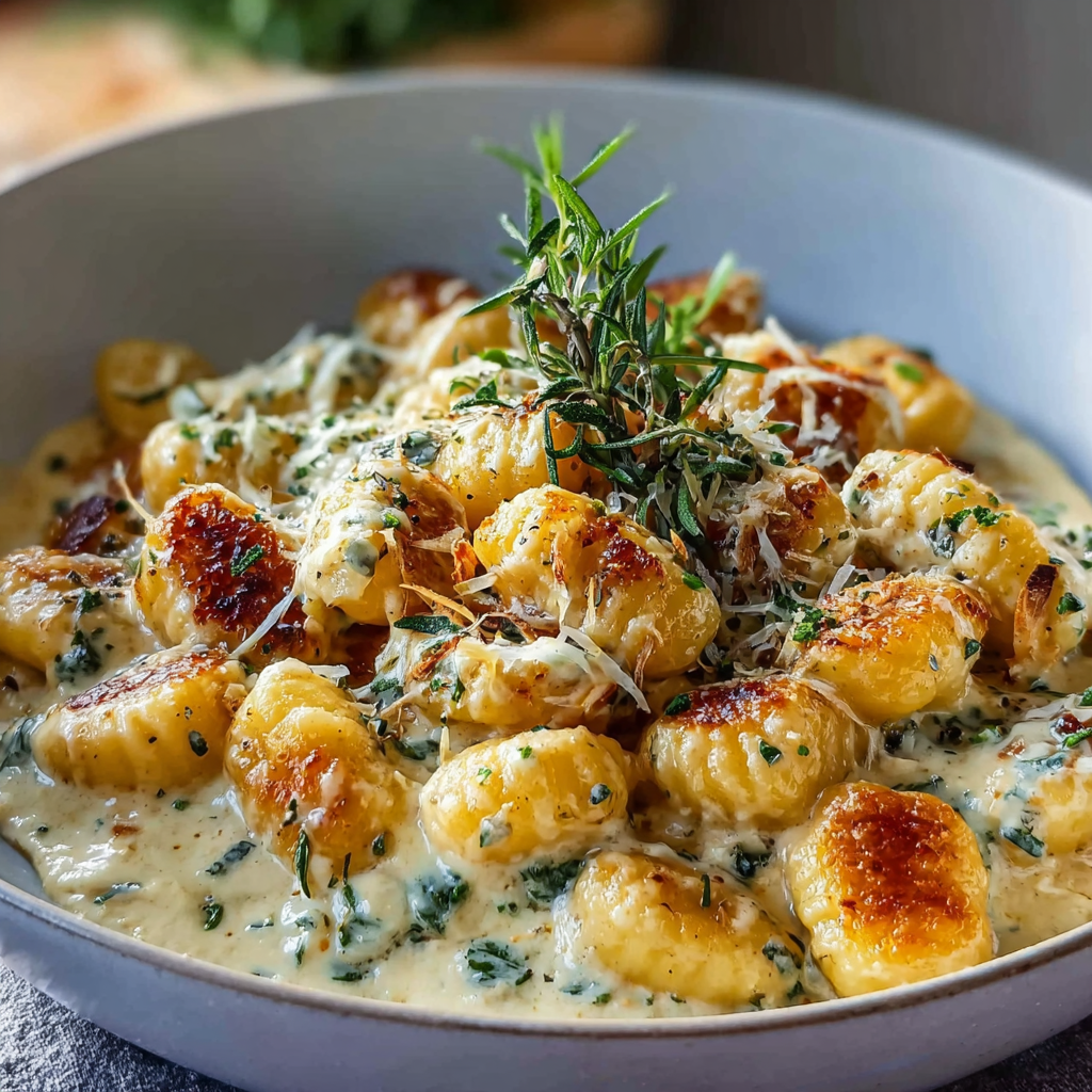 Cooked gnocchi in creamy sauce close-up